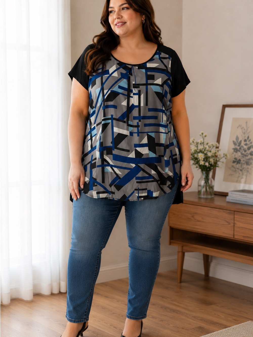 Ricki’s Geometric Print Short Sleeve Top/Tunic Blue/Gray